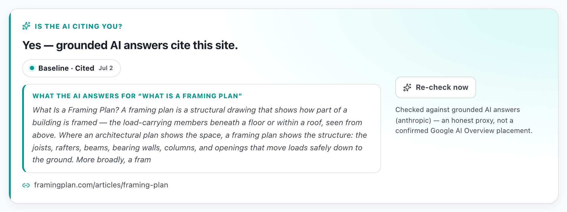 A CiteWins task page showing that grounded AI answers cite the site, with the AI's actual answer quoted and a re-check button